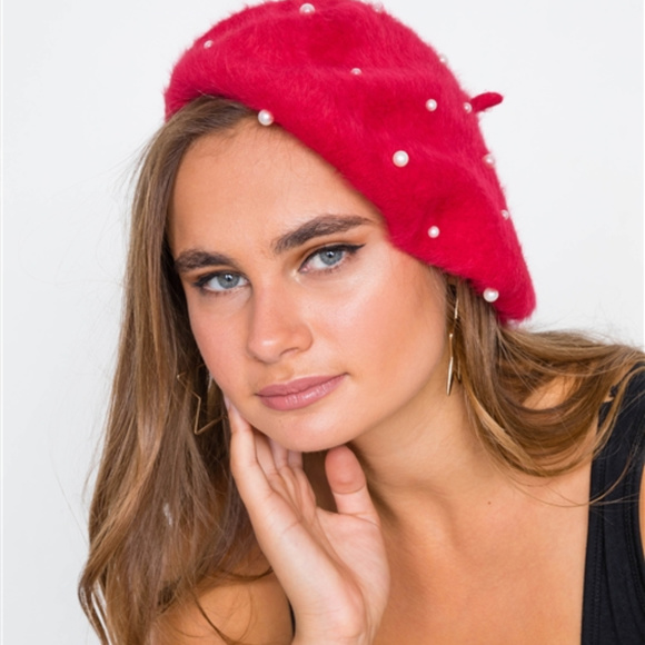 Accessories - Red Beret with  Real Fur and Faux pearl details